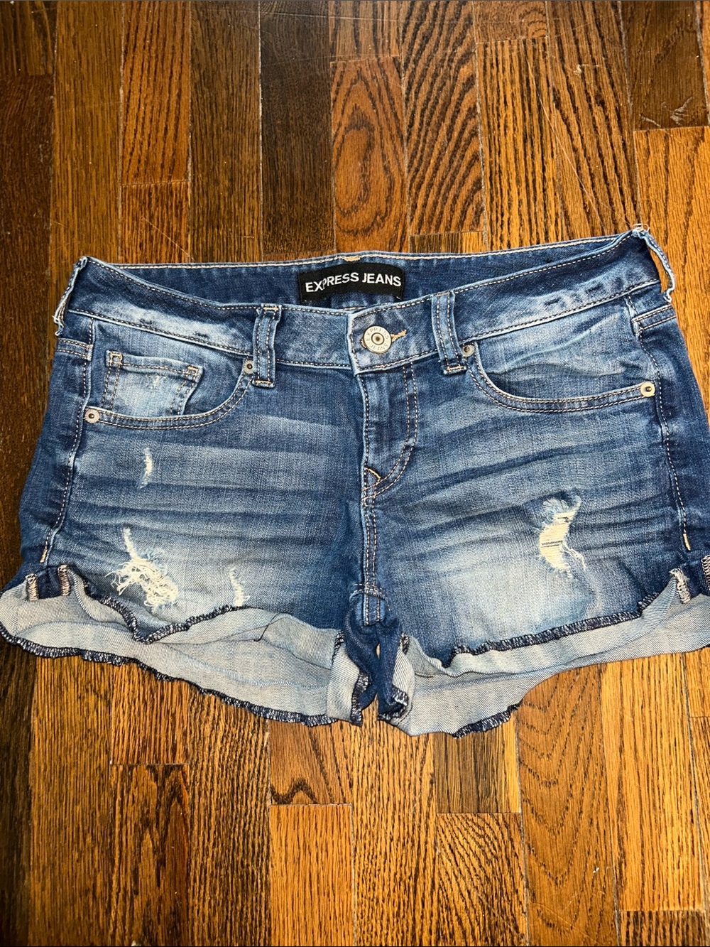 Express Jeans Women's Distressed Roll-Hem Denim Shorts - Blue